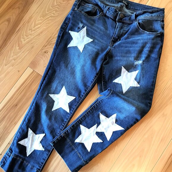 Upcycled Patchwork Jeans 1822, Size 10: Reworked Cropped Ankle Pants White Stars - Picture 8 of 13